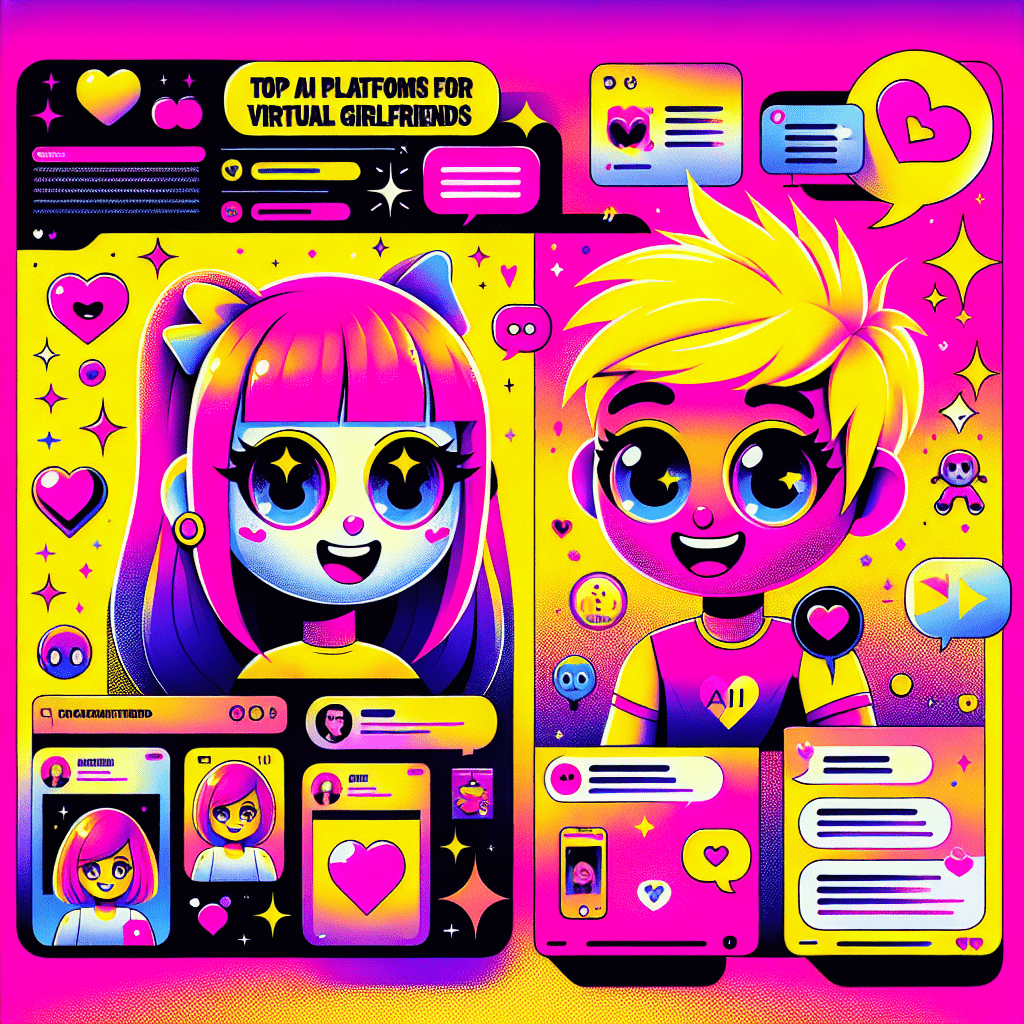 Bright gradient background in Neon Pink and Bright Yellow featuring cartoonish AI companions: a playful AI girlfriend with pink hair and a cheerful expression alongside a charming AI boyfriend with spiky yellow hair and a mischievous grin. Surrounded by floating heart emojis, chat bubbles, and personalized icons, the vibrant image highlights the blog title "Top AI Platforms for Virtual Girlfriends: AI Boyfriend and LovePalz" in a fun font, enhancing the playful theme of AI companionship.