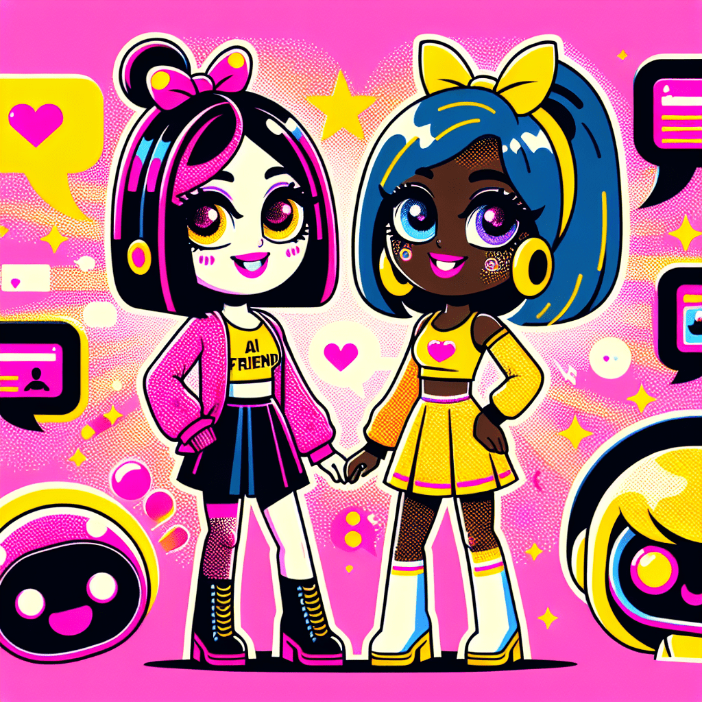 Illustration showcasing two cartoonish AI girlfriends in vibrant neon pink and bright yellow against a cheerful background, with playful expressions and fun outfits. Speech bubbles with phrases like “I’m here for you!” emphasize personalization. The design incorporates bold pop-art style elements, hearts, and stars, with the blog title "Top AI Platforms for Virtual Girlfriends: AI Friend and DreamGF.ai" in an eye-catching font, perfectly capturing the All My Love brand essence.