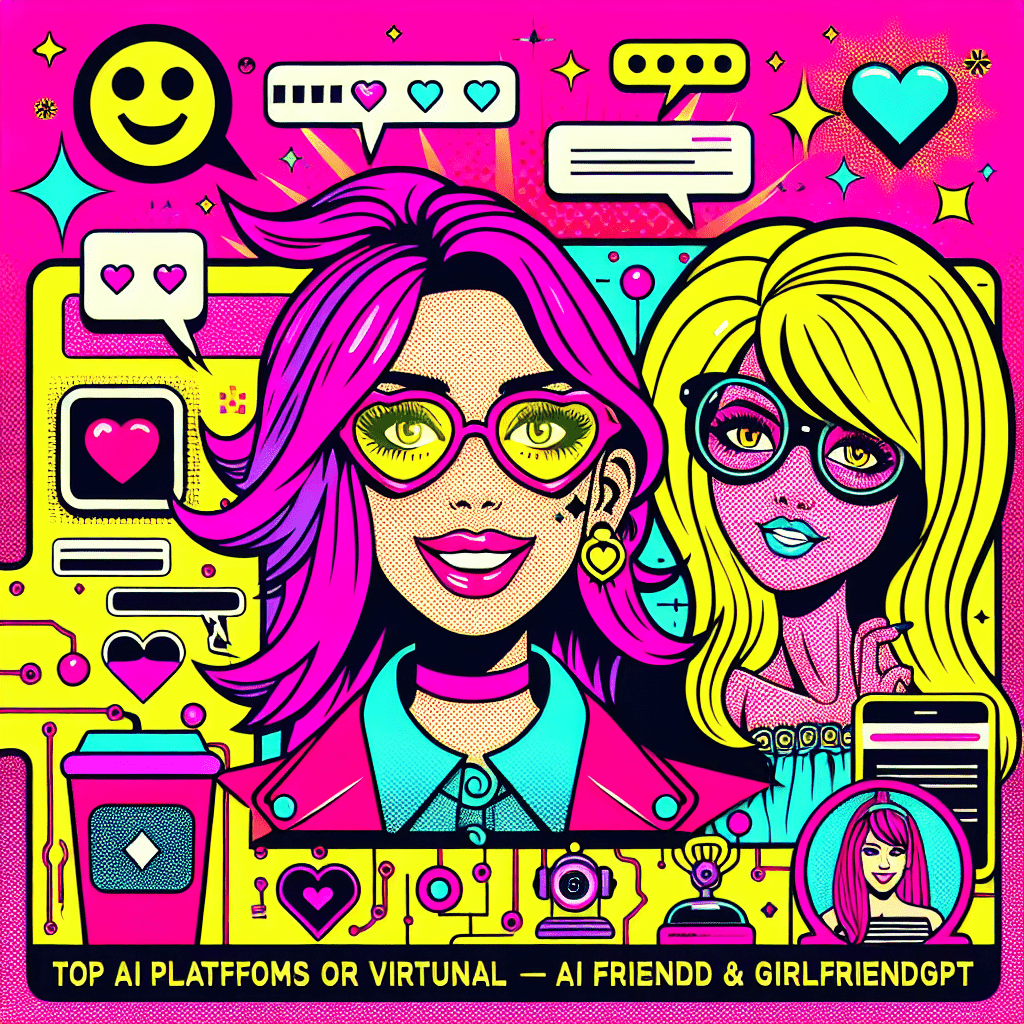 Vibrant pop-art featured image for the blog "Top AI Platforms for Virtual Girlfriends: AI Friend & GirlfriendGPT," showcasing two cartoonish characters with bright pink and yellow hair, playful expressions, and surrounded by hearts and tech icons, embodying fun and personalized AI companionship on a dynamic neon pink and bright yellow background.