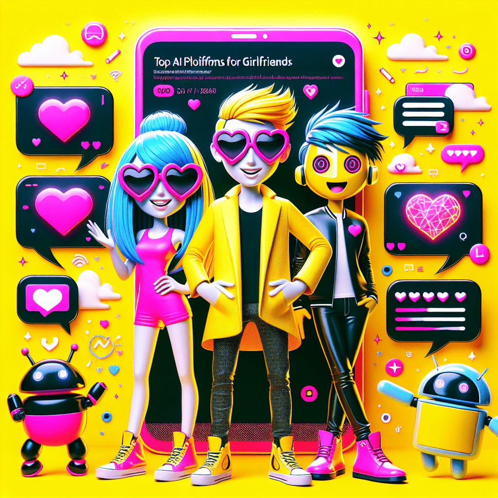 Bright yellow background featuring a cartoonish AI girlfriend with neon pink accents and oversized heart-shaped sunglasses, alongside a playful AI boyfriend in a black jacket. Surrounded by AI symbols like robots and chat bubbles, with a giant smartphone displaying heart emojis. The text overlay reads "Top AI Platforms for Virtual Girlfriends" in bold neon pink and black, with the subtitle "AI Girlfriend & AI Boyfriend" beneath. The playful and vibrant image represents the theme of virtual companionship perfectly.