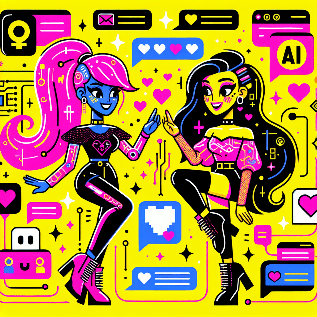 Vibrant featured image for the blog 'Top AI Platforms for Virtual Girlfriends: AI Girlfriend and ProjectX.AI', showcasing two playful virtual girlfriend characters against a bright yellow background, adorned in neon pink and black, interacting with chat bubbles filled with hearts, complemented by whimsical stars and AI elements like circuit patterns.