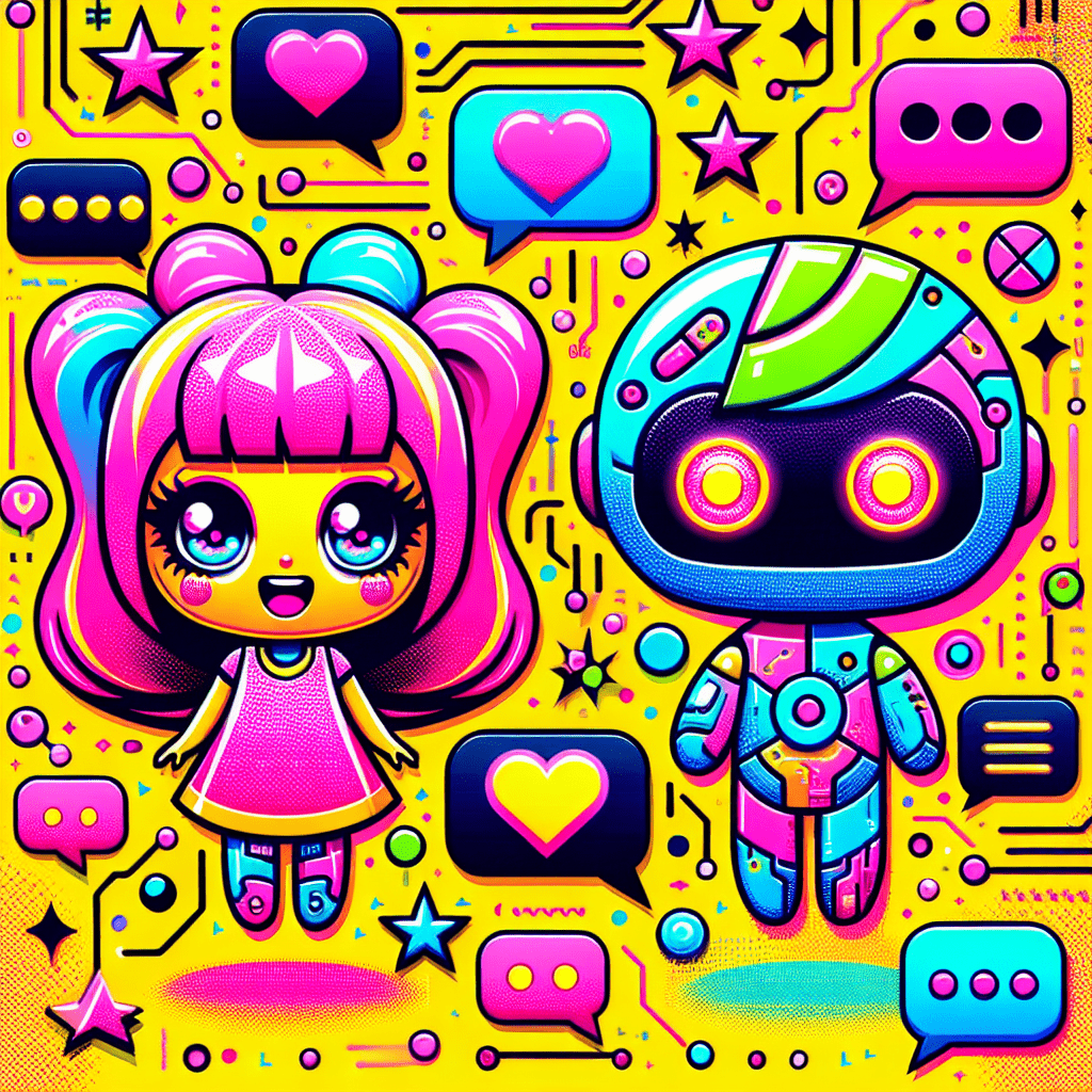 Vibrant pop-art scene featuring playful cartoonish AI characters representing Candy.ai and Character.ai against a bright yellow background, surrounded by heart emojis, chat bubbles, and stars, showcasing the theme of Top AI platforms for virtual girlfriends: Candy.ai and Character.ai with engaging speech bubbles expressing "Let's chat!" and "I'm here for you!"