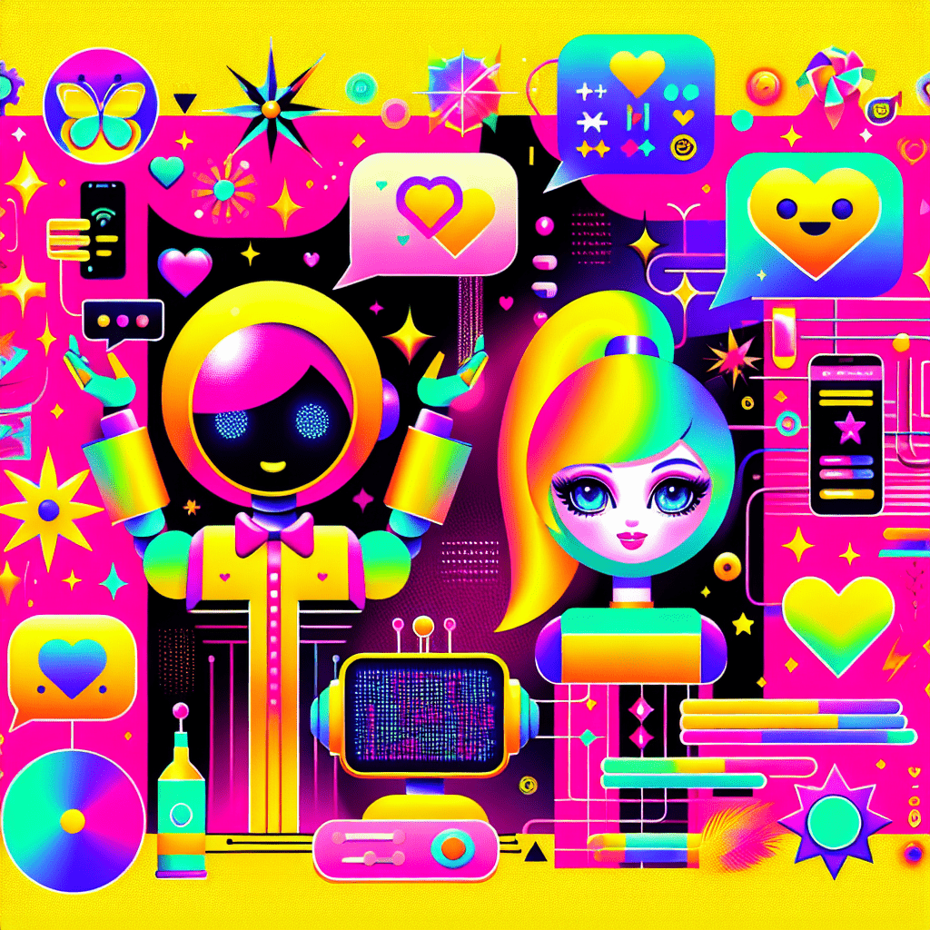 Vibrant featured image for the blog "Top AI platforms for virtual girlfriends: Candy.ai and Virtual Mate" showcasing playful cartoonish female AI characters against a neon pink background, with thought bubbles expressing personalization and whimsical icons, surrounded by fun geometric shapes and bold, eye-catching typography.