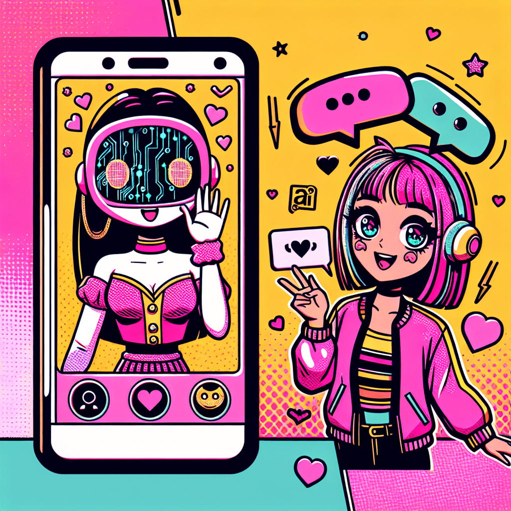 Vibrant featured image for the blog "Top AI platforms for virtual girlfriends: Character.ai and Candy.ai," showcasing two playful cartoon characters against a neon pink and bright yellow gradient background, integrated with whimsical AI elements like circuit patterns, fun speech bubbles, and cute doodles, embodying the All My Love brand identity with a prominent logo placement.