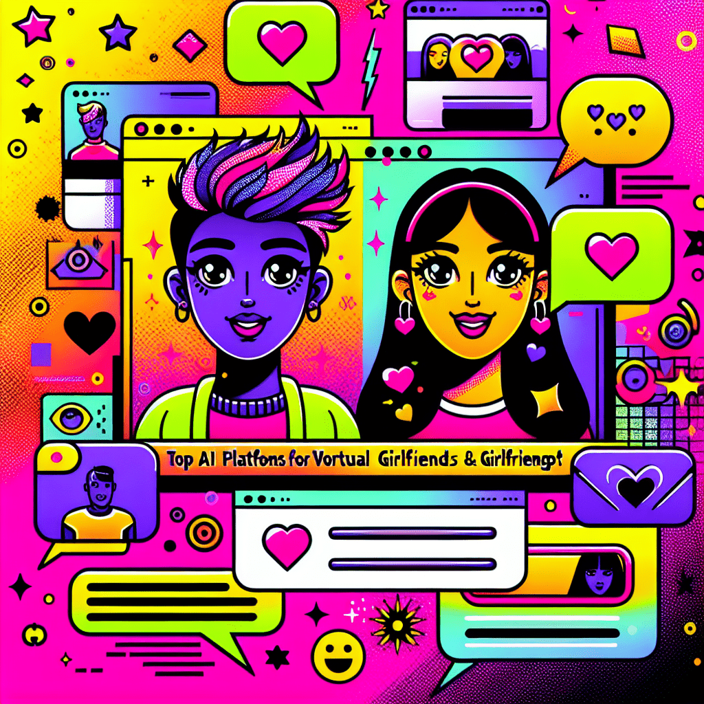 Featured image for the blog "Top AI platforms for virtual girlfriends: Character.ai and GirlfriendGPT" showcasing playful cartoon avatars of virtual girlfriends against a vibrant neon pink and bright yellow gradient background, adorned with personalization icons like hearts and chat bubbles, and bold text emphasizing the blog title in a fun pop-art style.