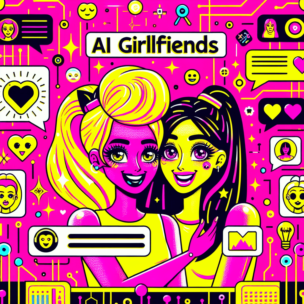 Bold and vibrant illustration for the blog titled Top AI platforms for virtual girlfriends: Character.ai and ProjectX.AI, featuring two playful cartoon characters representing virtual girlfriends against a bright Neon Pink background. The characters, one in Bright Yellow and the other in Black, showcase fun hairstyles and expressive faces surrounded by AI elements like circuit patterns and glowing icons. Personalization symbols such as heart emojis and speech bubbles emphasize connection, while the title is displayed in bold, cartoonish letters at the top for an engaging and youthful feel.