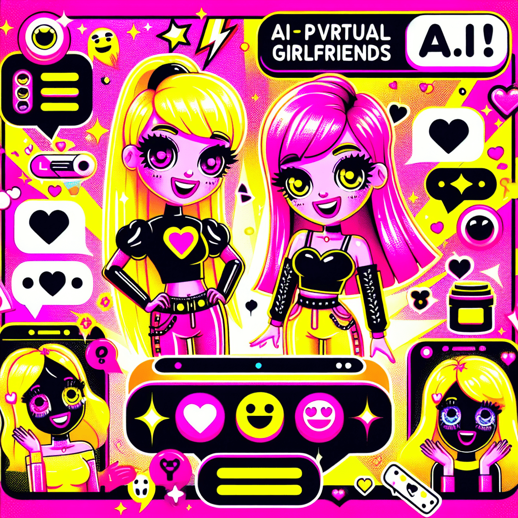 Vibrant pop-art style image featuring two playful cartoonish female characters with Neon Pink and Bright Yellow hair representing AI companions, surrounded by chat bubbles with emojis, hearts, and stars. The dynamic background in bold Neon Pink and Bright Yellow radiates energy, while the logos of Character.ai and SoulFun are prominently displayed. The text overlay reads “Top AI Platforms for Virtual Girlfriends” in a comic-style font, reflecting the lively theme of the blog on top AI platforms for virtual girlfriends: Character.ai and SoulFun.