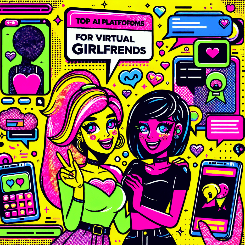 Vibrant pop-art style image featuring cartoonish virtual girlfriends with exaggerated features, smiling and expressing joy, surrounded by digital heart emojis, chat bubbles, and tech elements. The background is bright yellow with playful geometric shapes, and the title "Top AI Platforms for Virtual Girlfriends" is prominently displayed in a bold, playful font. This illustration captures the essence of the blog post "Top AI platforms for virtual girlfriends: Crushon.ai and GirlfriendGPT" with a lively color palette of Neon Pink, Bright Yellow, Black, and White.