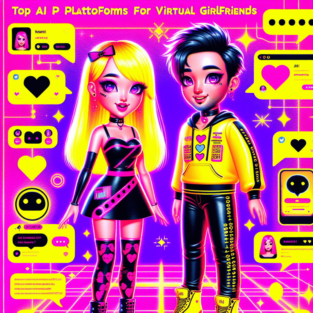 Two cartoon characters representing virtual girlfriends and boyfriends against a vibrant neon pink background, surrounded by playful technology motifs like chat bubbles and hearts. The image promotes the blog titled Top AI platforms for virtual girlfriends: DreamGF.ai and AI Boyfriend, featuring bold and colorful typography.