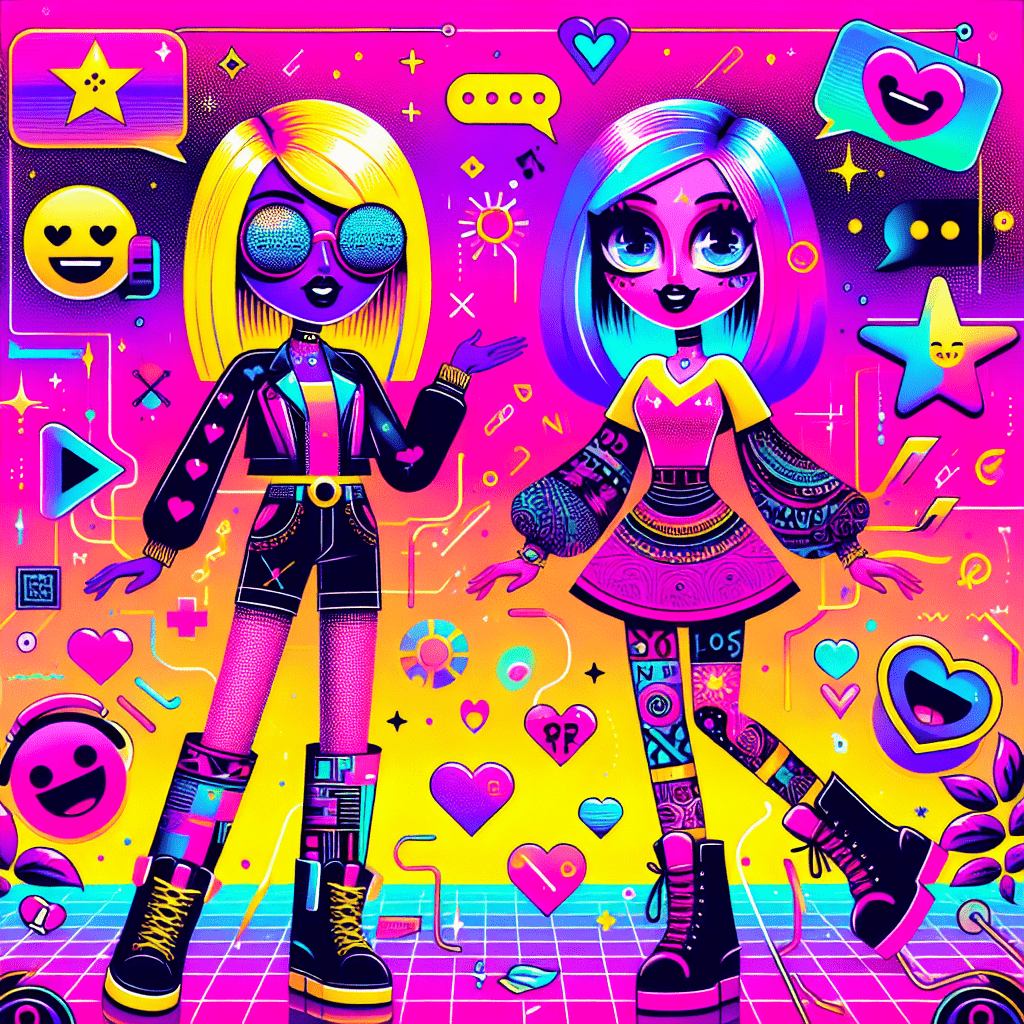 Vibrant pop-art style image featuring two cartoonish virtual girlfriends from DreamGF.ai and AI Friend against a bold Neon Pink background. The playful characters display exaggerated features, one with bright yellow hair in a stylish outfit, the other with an artsy look. Surrounded by floating hearts, chat bubbles, and sparkles, the image boldly titles "Top AI Platforms for Virtual Girlfriends" in bright yellow, with "DreamGF.ai & AI Friend" beneath. Additional fun elements include stars, emoticons, and quirky gadgets, embodying the joyful essence of AI companionship.