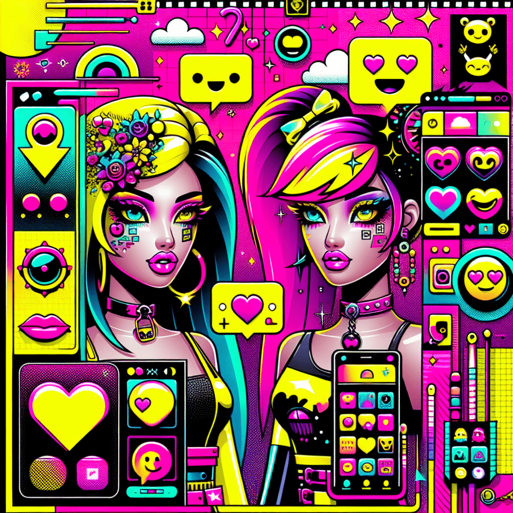 Vibrant Neon Pink background featuring cartoonish characters representing the Top AI platforms for virtual girlfriends: DreamGF.ai and Candy.ai with bright hairstyles and playful accessories, surrounded by icons symbolizing personalization like hearts and chat bubbles, bold pop-art style typography for the title, and dynamic geometric shapes, reflecting a fun and youthful brand identity.