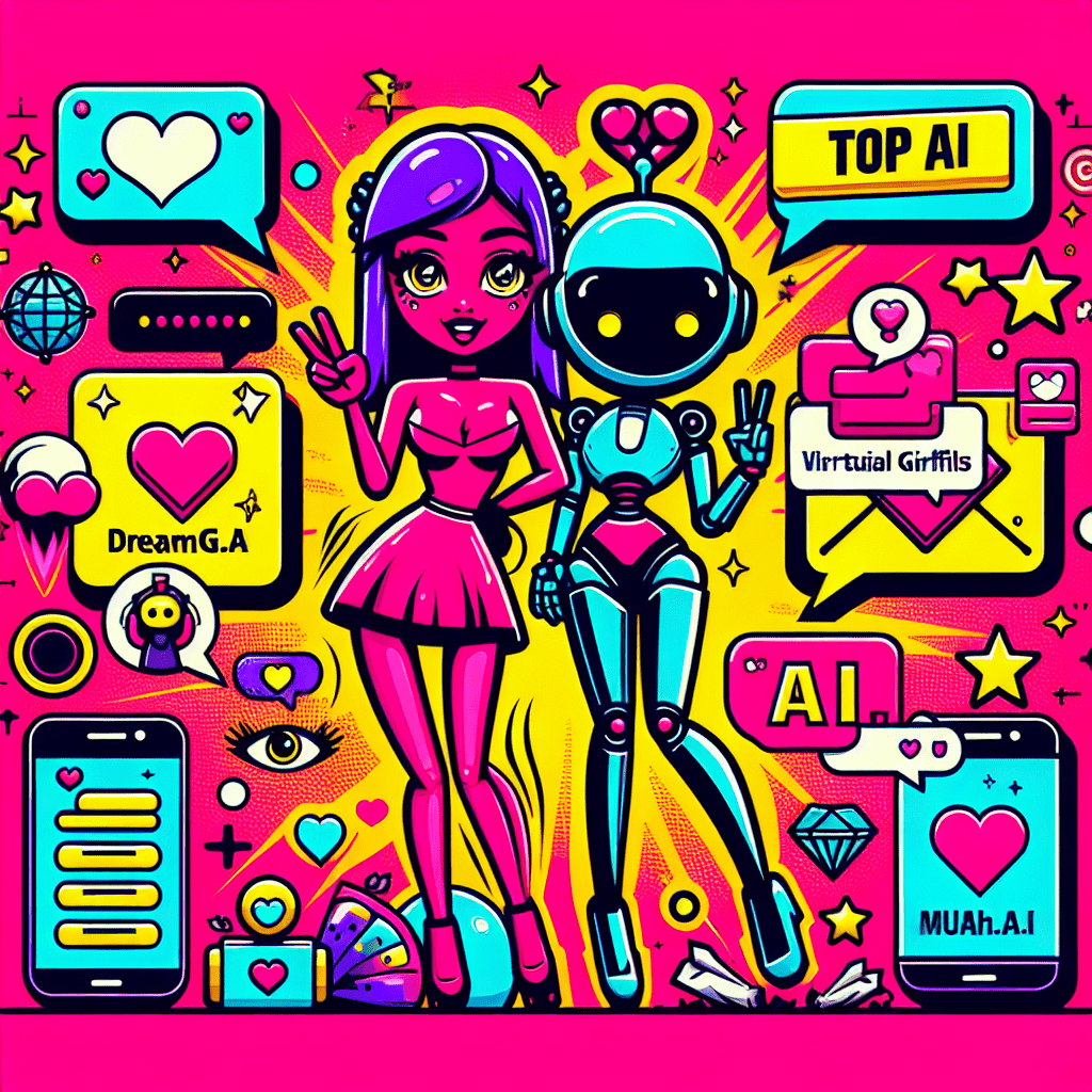 Featured image for the blog "Top AI platforms for virtual girlfriends: DreamGF.ai and Muah.ai" showcasing a vibrant neon pink background, playful cartoonish characters representing the AI companions, and colorful elements like hearts and chat bubbles to illustrate the fun and engaging theme of AI companionship.