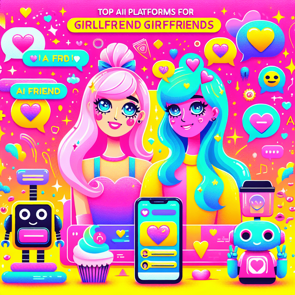 Playful and vibrant illustration for the blog "Top AI Platforms for Virtual Girlfriends: GirlfriendGPT and AI Friend," featuring cartoonish virtual girlfriend characters in a neon pink and bright yellow background, with chat bubbles and hearts to symbolize AI companionship, enhancing the fun and personal vibe of the ‘All My Love’ brand.