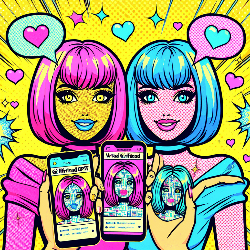 Vibrant and playful featured image for the blog "Top AI platforms for virtual girlfriends: GirlfriendGPT and AI Girlfriend", featuring two cartoonish virtual girlfriends with neon pink and blue hair, smiling against a bright yellow pop-art background with comic-style bursts, holding smartphones displaying platform icons, surrounded by whimsical hearts and sparkles, all framed with a thick black outline.