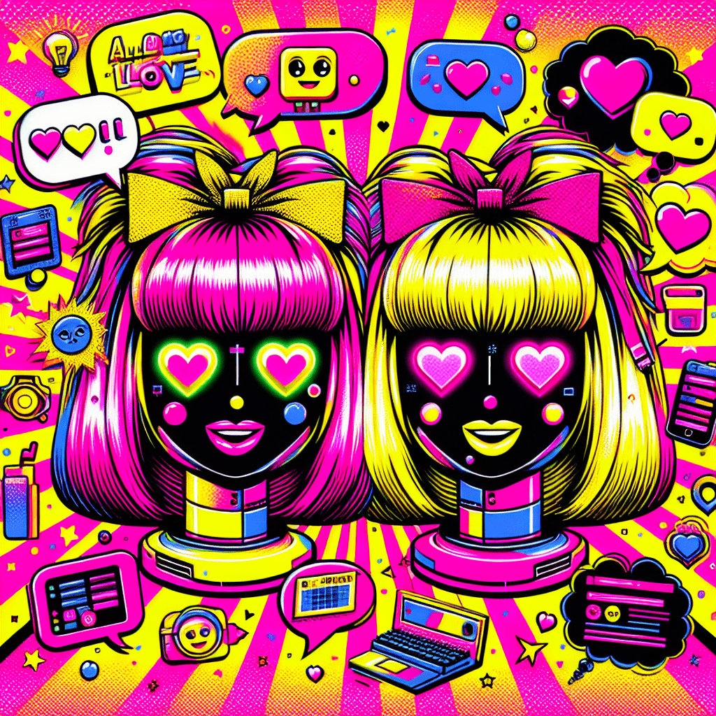 Bold pop-art design featuring cartoonish AI companions representing Top AI platforms for virtual girlfriends: GirlfriendGPT and Crushon.ai on a vibrant neon pink background with playful shapes, heart glasses, thought bubbles, and a fun typography overlay.