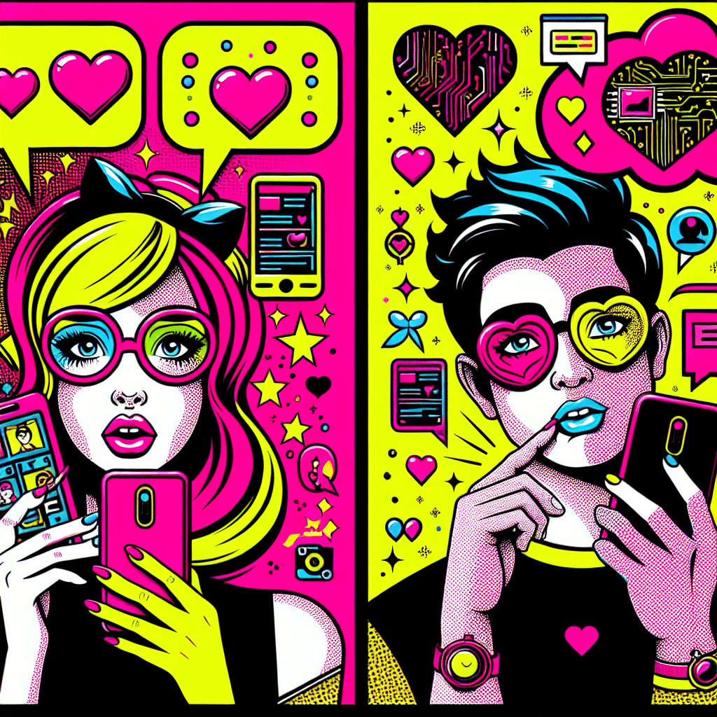 Vibrant pop-art illustration featuring cartoon characters representing Top AI platforms for virtual girlfriends: GirlfriendGPT and LovePalz, against a split neon pink and bright yellow background, with playful AI elements like digital hearts and chat bubbles, and bold text showcasing the blog title.