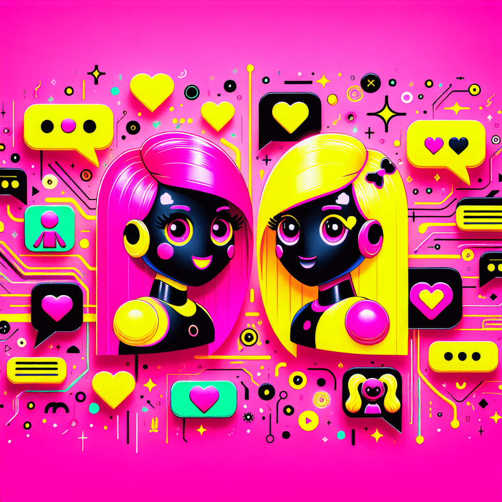 Vibrant featured image for the blog "Top AI Platforms for Virtual Girlfriends: GirlfriendGPT and Muah.ai" with a neon pink background, playful abstract shapes in bright yellow and black, two cartoonish characters representing virtual girlfriends, personalization icons like chat bubbles and hearts, bold black and yellow typography for the title, and whimsical elements like stars and flowers enhancing the dynamic visual theme.