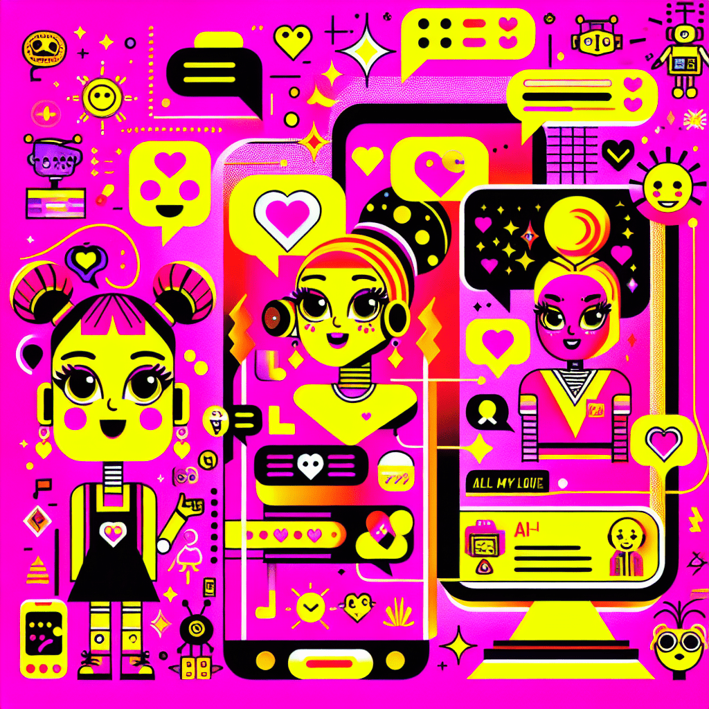 Playful illustration featuring two cartoonish AI girlfriends, GirlfriendGPT and Virtual Mate, against a vibrant neon pink background. Each character, in bright yellow and black outfits, holds speech bubbles with emojis symbolizing companionship. The title "Top AI Platforms for Virtual Girlfriends: GirlfriendGPT and Virtual Mate" appears in bold yellow, complemented by fun geometric shapes and doodles, capturing a youthful and whimsical aesthetic.