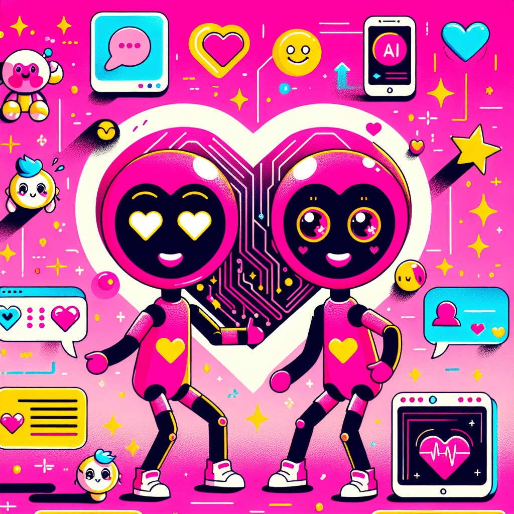 Vibrant illustration for the blog 'Top AI Platforms for Virtual Girlfriends: LovePalz and AI Friend', featuring playful cartoon AI characters against a Neon Pink background, with hearts, stars, and personalization icons in Bright Yellow and Black, showcasing the lively essence of AI companionship.