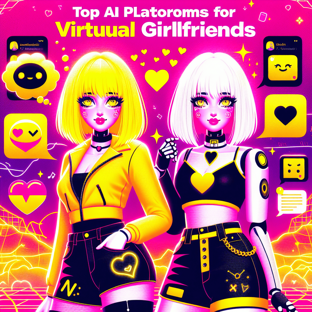 Vibrant featured image for the blog 'Top AI platforms for virtual girlfriends: LovePalz and Crushon.ai' featuring a bold Neon Pink background, two cartoonish AI characters with bright yellow and white hair, playful thought bubbles, and dynamic text elements representing companionship and personalization in a playful pop-art style.