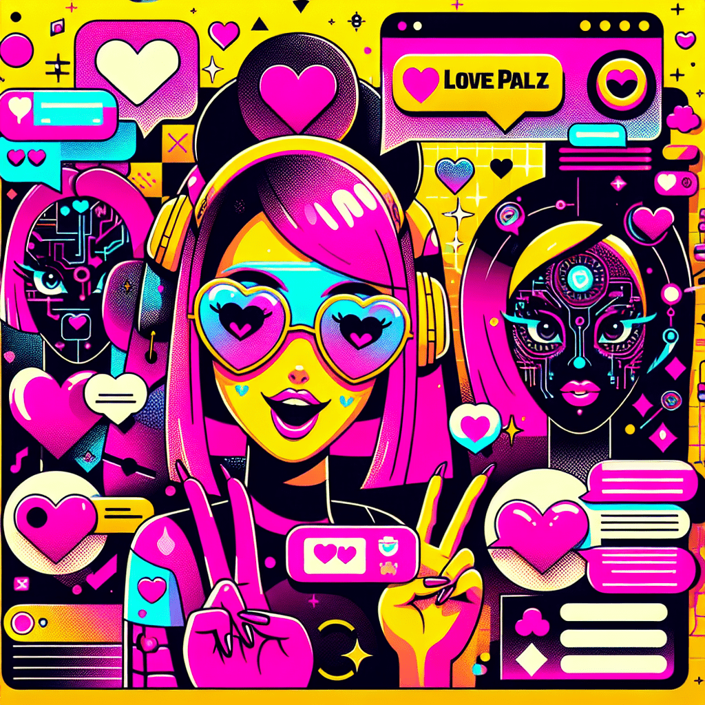 Bright yellow background with two cartoonish AI companions for the blog "Top AI platforms for virtual girlfriends: LovePalz and Muah.ai". LovePalz in neon pink with heart motifs and playful accessories, and Muah.ai in black with white highlights and tech elements. Bold, playful title overlay and decorative icons like hearts and chat bubbles enhance the vibrant pop-art style.