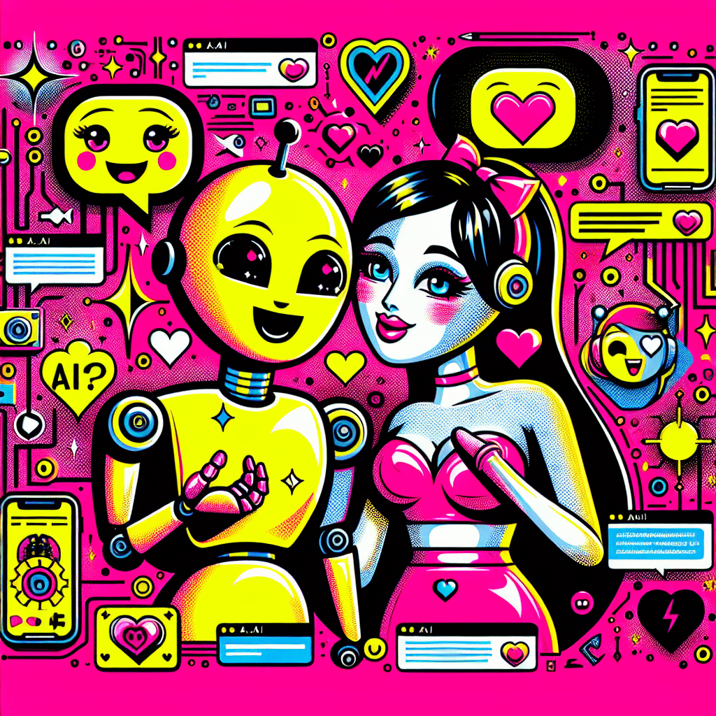 Fun pop-art illustration of two AI companions on a vibrant Neon Pink background, showcasing companionship with big smiles and playful expressions, surrounded by tech-inspired motifs and emojis, highlighting the blog title "Top AI Platforms for Virtual Girlfriends: Muah.ai and AI Girlfriend" in bold, colorful typography.