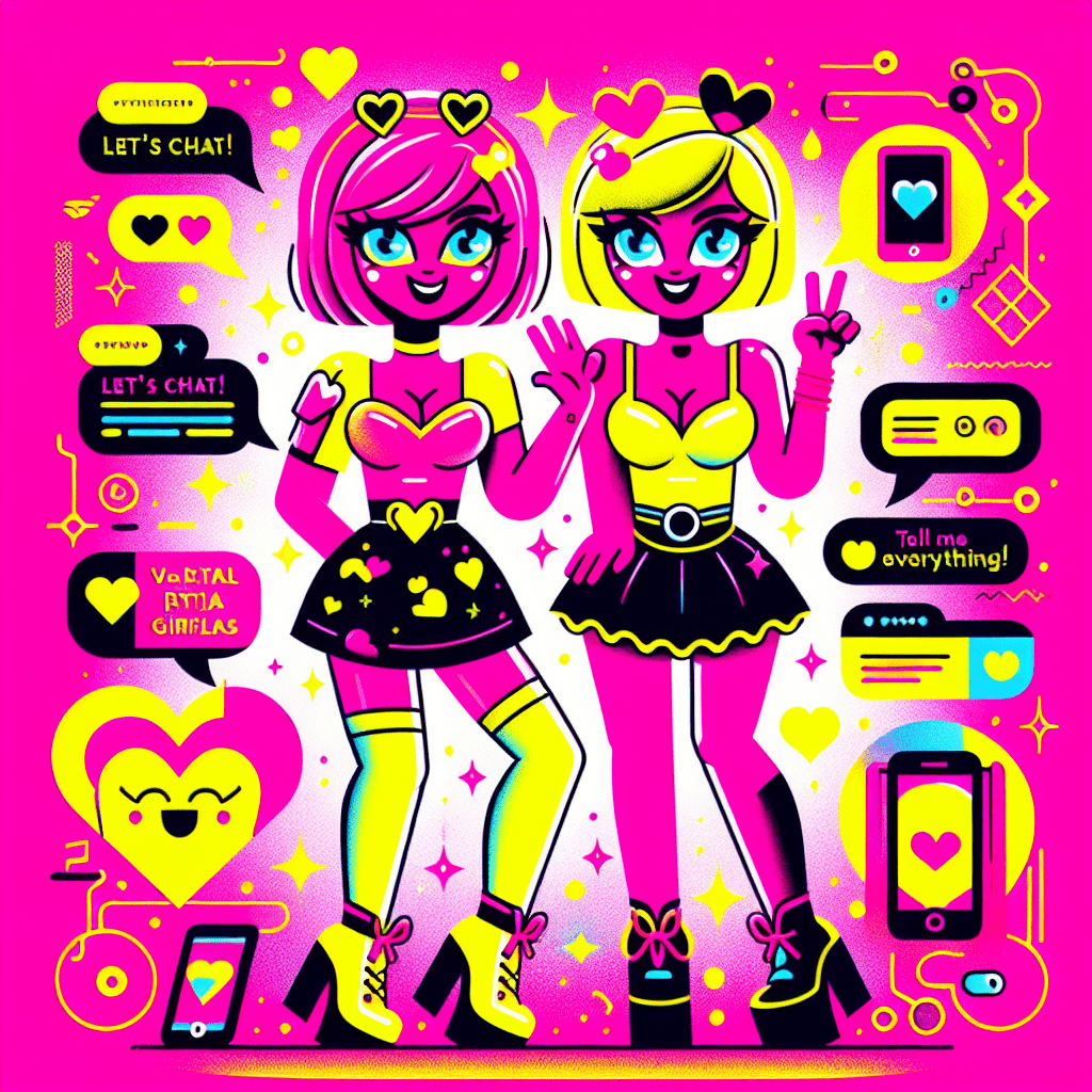 Colorful cartoon characters representing AI companions on a vibrant Neon Pink background for the blog "Top AI Platforms for Virtual Girlfriends: Muah.ai and Character.ai," featuring playful expressions, speech bubbles with fun text, heart motifs, and tech elements, all in a pop-art style.