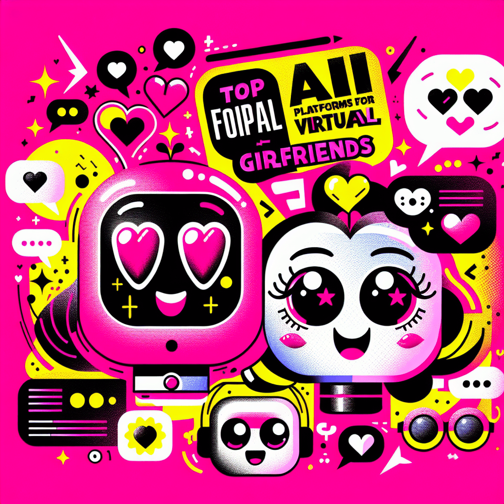 Vibrant illustration featuring playful cartoonish AI companions on a bold neon pink background, showcasing the title "Top AI Platforms for Virtual Girlfriends: Muah.ai & ProjectX.AI" in a fun font, with decorative elements like hearts and speech bubbles, capturing the energetic pop-art style of 'All My Love'.