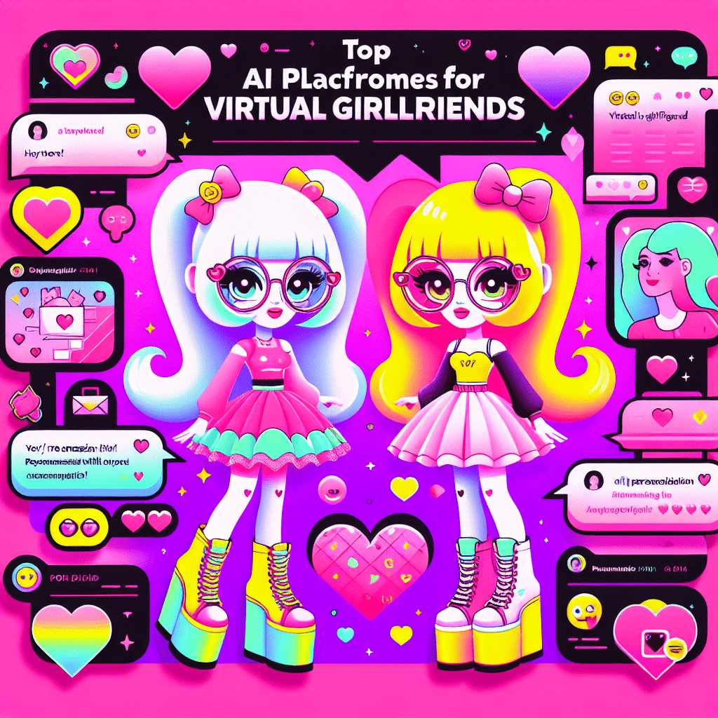 Vibrant featured image for the blog "Top AI Platforms for Virtual Girlfriends: Muah.ai and SpicyChat" showcasing cartoonish virtual girlfriend avatars on a Neon Pink background, surrounded by colorful hearts and chat bubbles with flirty messages, embodying the playful pop-art style of the All My Love brand.