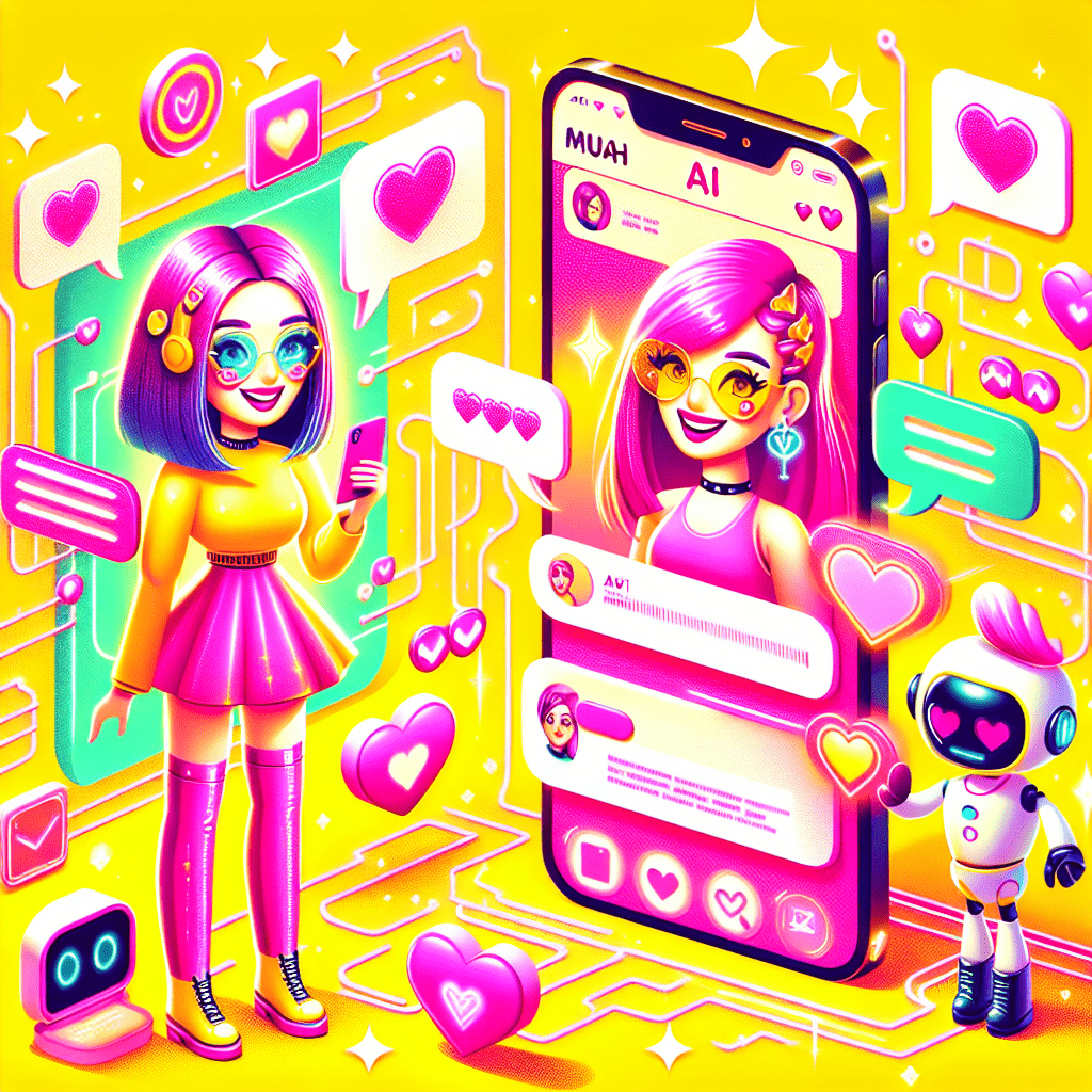 Vibrant illustration featuring two cartoonish virtual girlfriends representing Muah.ai and Virtual Mate against a bright yellow background, surrounded by neon pink hearts, playful chat bubbles, and tech-inspired elements; bold typography reads "Top AI Platforms for Virtual Girlfriends" at the top and "Muah.ai & Virtual Mate" at the bottom, embodying the cheerful essence of AI companionship.