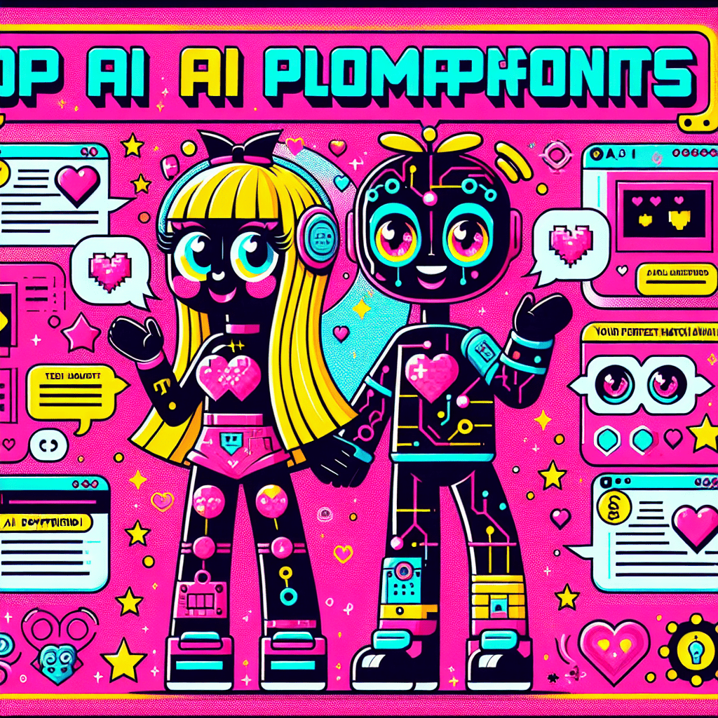 Vibrant pop-art style illustration featuring two cartoonish AI companions, a cheerful female and playful male character, set against a Neon Pink backdrop. Oversized expressive eyes, personalized accessories, and playful elements like pixelated hearts and speech bubbles highlight the theme of AI companionship. The text "Top AI platforms for virtual girlfriends: ProjectX.AI and AI Boyfriend" is prominently displayed in bold colors, enhancing the image's lively and whimsical feel.