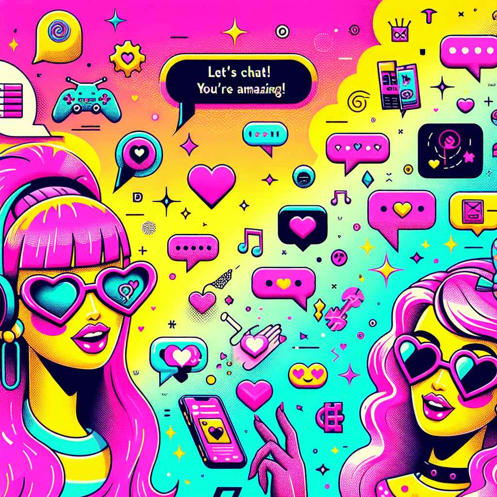 Playful and vibrant illustration featuring two cartoon female characters representing virtual girlfriends against a lively gradient background of Neon Pink and Bright Yellow. Each character has expressive features and fun accessories like heart-shaped sunglasses, with speech bubbles containing phrases like "Let’s chat!" and "You’re amazing!" The title "Top AI Platforms for Virtual Girlfriends" is prominently displayed in a playful font, surrounded by icons representing interests, capturing the essence of AI companionship. Relevant for the blog on Top AI platforms for virtual girlfriends: ProjectX.AI and AI Girlfriend.