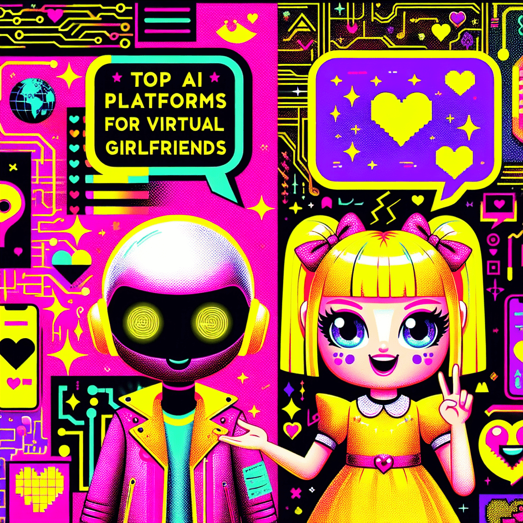 Vibrant illustration featuring two cartoonish AI companions, ProjectX.AI in a sleek futuristic design and playful Candy.ai with a bubbly aesthetic, set against a Neon Pink background with pop-art patterns. Dialogue bubbles express their roles in AI companionship. The image highlights the theme of the blog "Top AI Platforms for Virtual Girlfriends: ProjectX.AI & Candy.ai" with bold typography and energetic motifs, embodying a youthful and playful vibe.