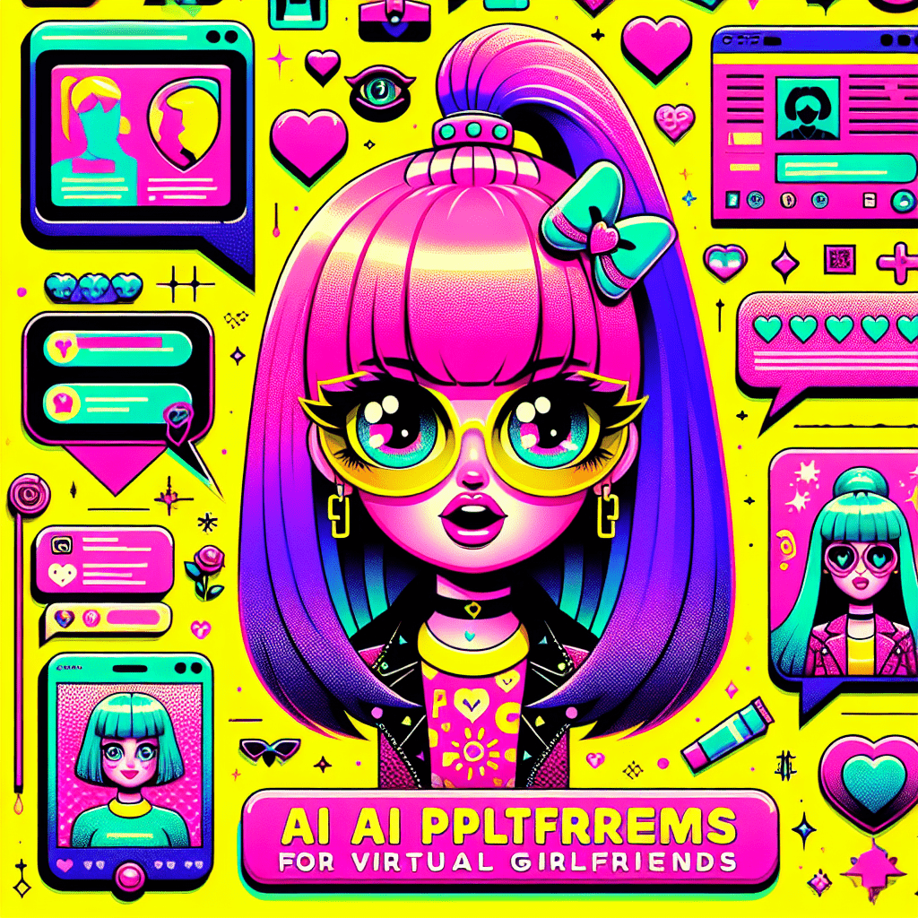 Vibrant featured image for the blog "Top AI Platforms for Virtual Girlfriends: ProjectX.AI and Character.ai," showcasing two cartoonish virtual girlfriend avatars with neon pink and teal hair against a bold yellow backdrop, surrounded by playful tech motifs like heart-shaped emojis and speech bubbles, all in a fun pop-art style, with the title text prominently displayed in a cartoon-inspired font.