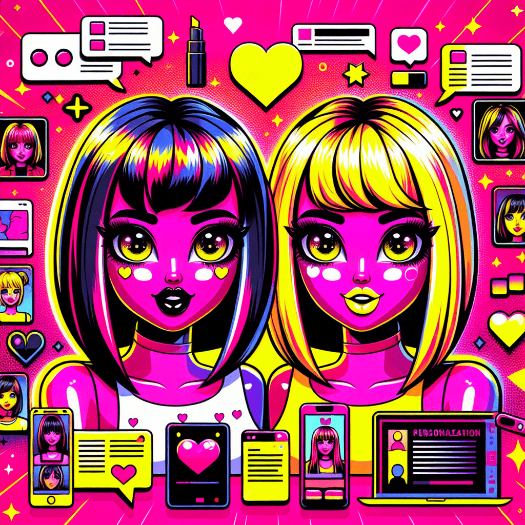 Vibrant neon pink background featuring cartoon-style representations of two AI girls, one resembling Replika with bright yellow hair and the other as a generic AI girlfriend with black hair, surrounded by heart-shaped icons, chat bubbles, smartphones, and playful personalization elements, illustrating the concept of companionship. Bold white text at the top reads "Top AI Platforms for Virtual Girlfriends: Replika and AI Girlfriend," enhanced with fun details like stars and sparkles.