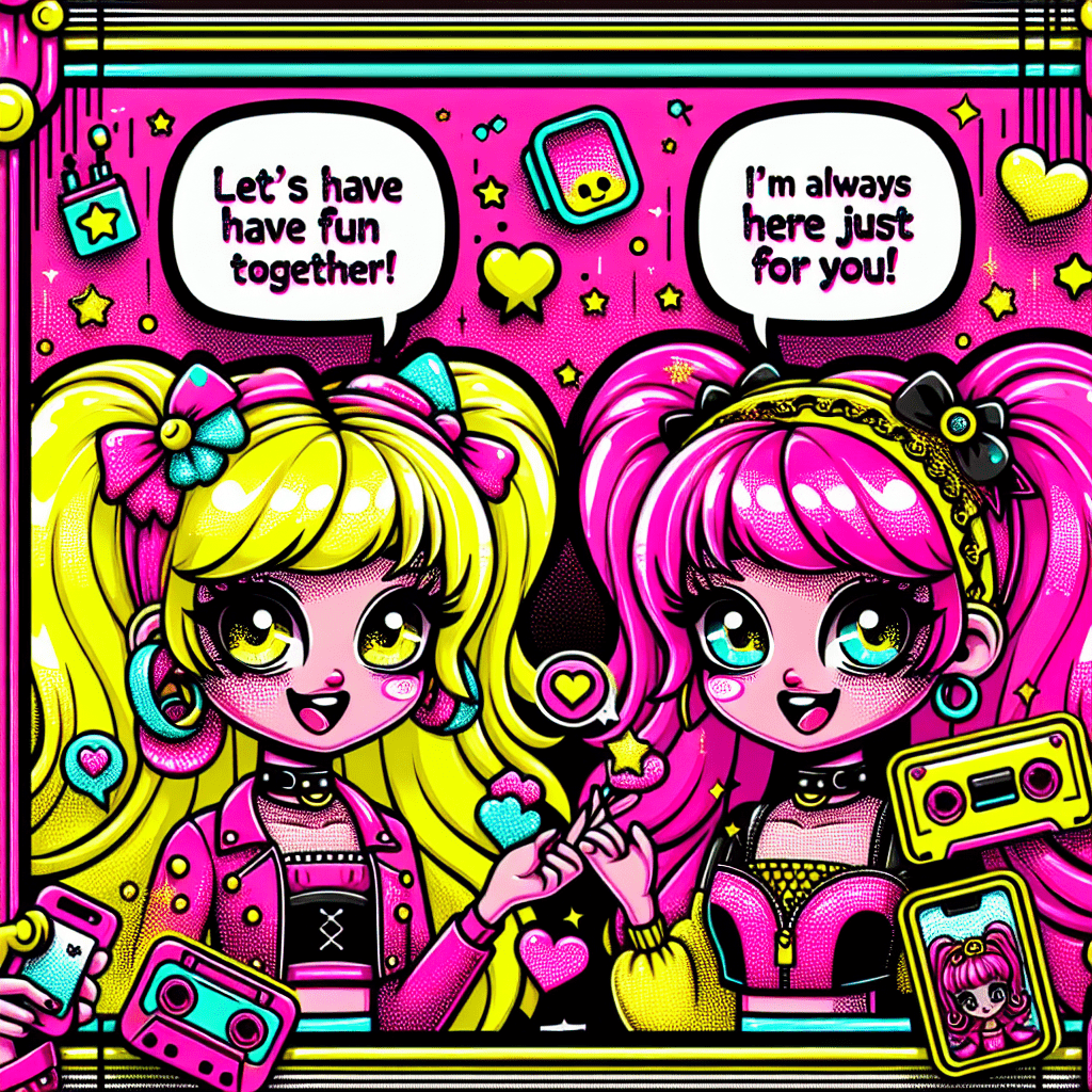 Vibrant cartoon avatars representing Replika and Crushon.ai virtual girlfriends on a bold Neon Pink background, with playful speech bubbles saying "Let's have fun together!" and "I'm always here just for you!" surrounded by colorful hearts and digital gadgets, embodying the theme of Top AI platforms for virtual girlfriends: Replika and Crushon.ai.