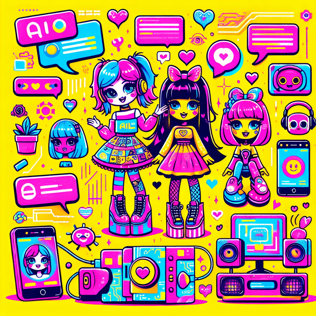 Vibrant illustration of two cartoonish female characters representing AI companions Replika and DreamGF.ai, set against a bright yellow background with neon pink outfits. The scene features playful expressions, surrounding tech-inspired motifs like hearts and chat bubbles with personalized messages, and accessories like a virtual reality headset. Bold typography displays the title 'Top AI platforms for virtual girlfriends: Replika and DreamGF.ai' in a speech bubble, capturing the essence of joy and personalization in virtual companionship.