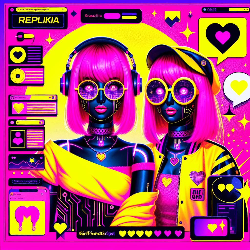 Vibrant neon pink background with abstract yellow patterns featuring two cartoon-style characters representing virtual girlfriends: one with a futuristic Replika design and circuit patterns in black and yellow, and another casual GirlfriendGPT character with playful accessories. Fun AI icons like heart emojis and music notes surround them, with the blog title 'Top AI platforms for virtual girlfriends: Replika and GirlfriendGPT' in bold black font with a yellow outline at the top. Whimsical stars and sparkles add a sense of excitement.