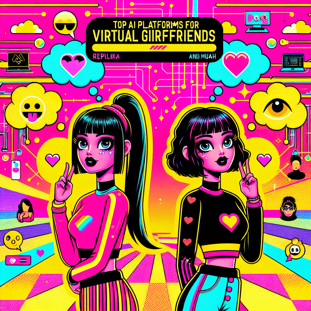 Bright pop-art style image featuring two cartoonish female avatars representing Replika and Muah.ai with playful expressions and diverse hairstyles, set against a vivid neon pink and yellow background. Includes thought bubbles with emojis symbolizing companionship, digital circuit patterns, and bold whimsical typography that reads Top AI platforms for virtual girlfriends: Replika and Muah.ai. Sparkles and animated clouds add fun details to the composition.