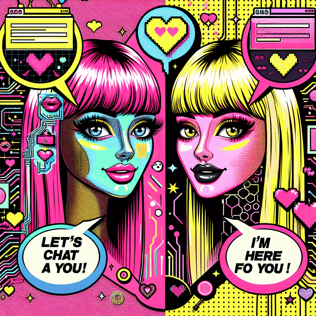 Vibrant pop-art illustration showcasing AI companions inspired by the blog "Top AI platforms for virtual girlfriends: Replika and ProjectX.AI," featuring cartoonish characters with neon pink and bright yellow hair, playful expressions, and fun speech bubbles, set against a bold backdrop of bright yellow and black stripes, incorporating tech elements and playful accessories like hearts and smartphones for an energetic look.