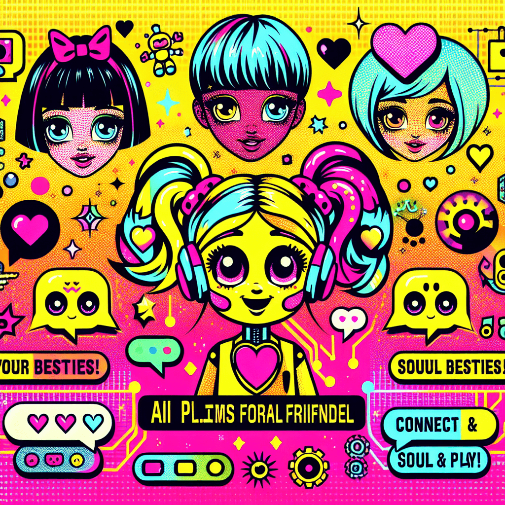 Colorful pop-art style image featuring cartoon-style characters representing the AI platforms for virtual girlfriends: Replika and SoulFun, surrounded by hearts and speech bubbles. The vibrant gradient background blends bright yellow and neon pink, with bold halftone patterns, while the title text reads "Top AI platforms for virtual girlfriends: Replika and SoulFun" in a playful font with contrasting outlines. Fun elements like stars and tech symbols add a whimsical touch to the design.