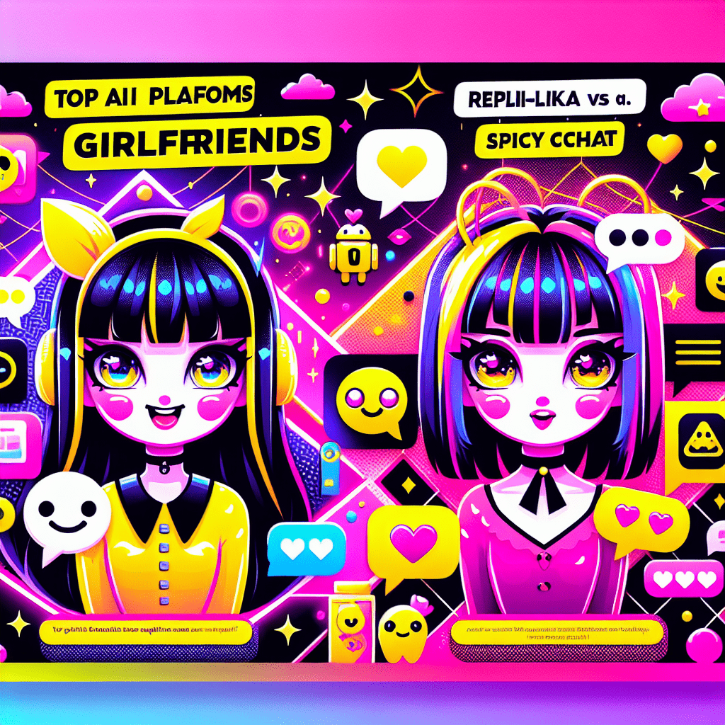 Vibrant and playful featured image for the blog "Top AI Platforms for Virtual Girlfriends: Replika vs. SpicyChat" showcasing cartoonish characters of Replika and SpicyChat against a bold neon pink and bright yellow background, with personalized speech bubbles, tech accessories, and whimsical sparkles, all reflecting personalized AI companionship.