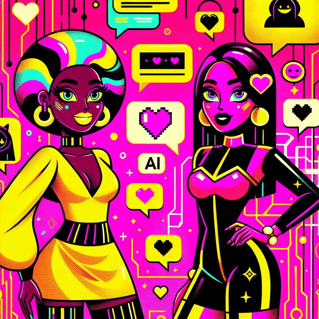 Vibrant pop-art illustration featuring a neon pink background with yellow and black abstract shapes, depicting two stylized virtual girlfriend characters in playful outfits. The image highlights AI elements with circuit patterns and pixelated hearts, and includes the title “Top AI platforms for virtual girlfriends: SoulFun and AI Girlfriend” in bold, colorful text, enriched by cute icons like speech bubbles and stars to enhance the fun and engaging theme.