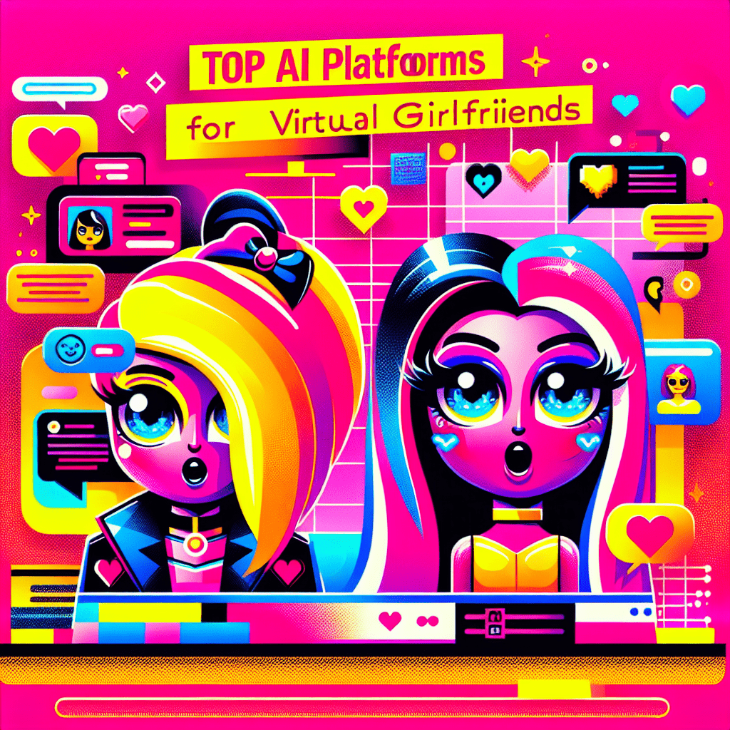 Vibrant neon pink background with abstract shapes in bright yellow and white, featuring cartoonish AI companions representing SoulFun and Crushon.ai, surrounded by heart-shaped icons and chat bubbles, highlighting interaction and companionship, showcasing the blog title "Top AI platforms for virtual girlfriends: SoulFun and Crushon.ai" in bold, playful font.