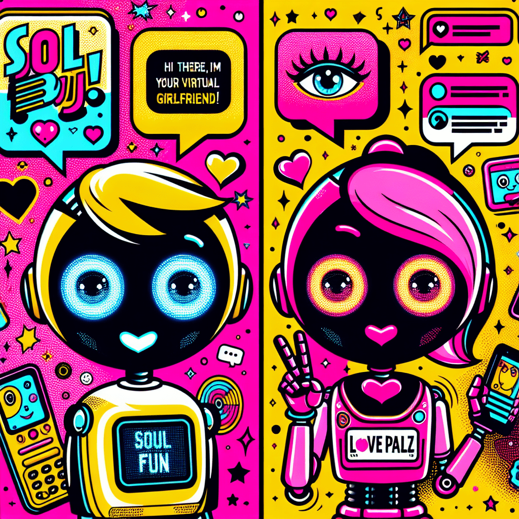 Vibrant pop-art style image for the blog titled Top AI platforms for virtual girlfriends: SoulFun and LovePalz featuring two cartoonish AI companion characters with expressive features, playful speech bubbles, and fun icons like hearts and digital devices, all set against a bold neon pink and bright yellow background to evoke joy and excitement about AI companionship.