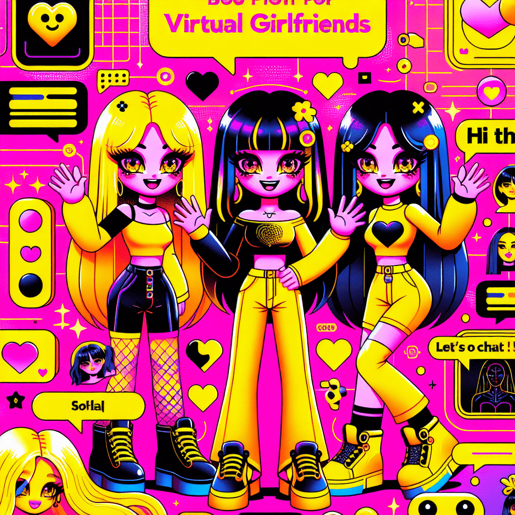 Vibrant featured image for the blog "Top AI platforms for virtual girlfriends: SoulFun and Replika," showcasing cartoonish virtual girlfriend characters in bright yellow outfits against a neon pink background, with playful typography, hearts, chat bubbles, and tech-inspired graphics, embodying a fun and youthful vibe.