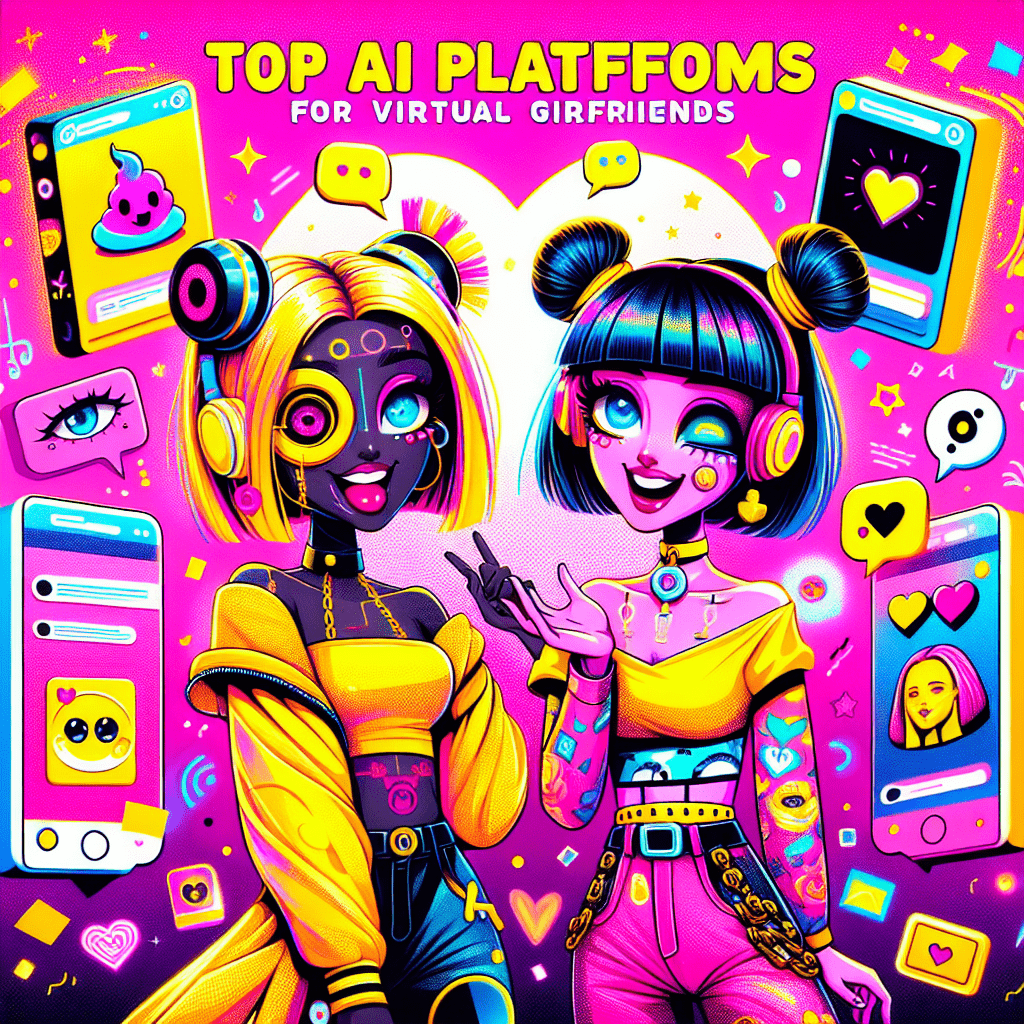 Vibrant Neon Pink background featuring cartoonish virtual girlfriend characters resembling SpicyChat and Candy.ai, showcasing playful poses and bright outfits. The image highlights the theme of the blog "Top AI platforms for virtual girlfriends: SpicyChat and Candy.ai" with bold typography, chat bubbles, and customizable accessories, surrounded by confetti, hearts, and stars to convey excitement and personalization in AI companionship.