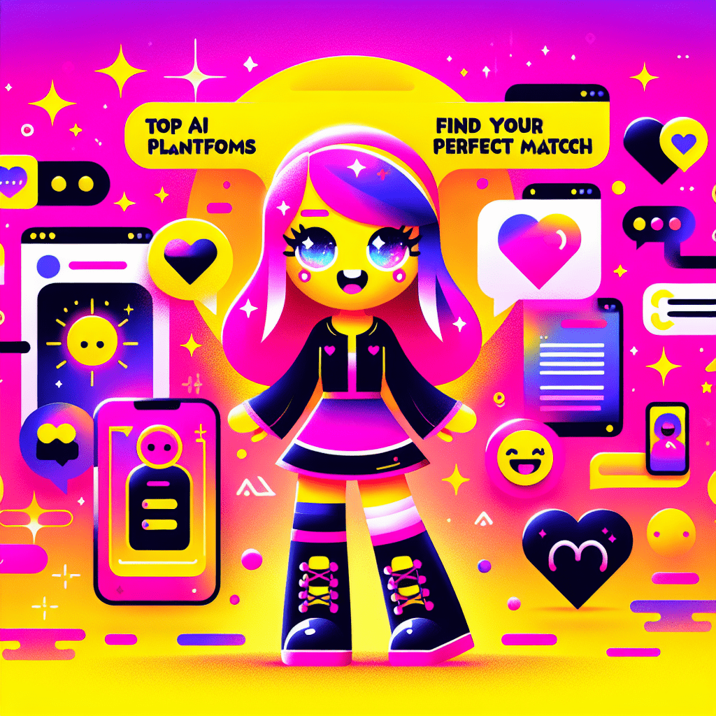 Cheerful cartoon character with pink hair and a vibrant outfit on a neon pink and bright yellow gradient background, surrounded by playful AI icons, encapsulating the theme "Top AI platforms for virtual girlfriends: Virtual Mate and AI Boyfriend" in bold typography, enhancing the youthful and engaging brand identity.