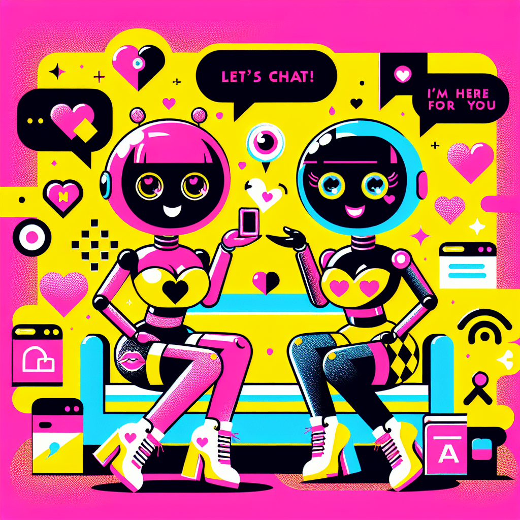 Bright yellow background featuring two cartoonish AI companions in vibrant outfits, one in neon pink with heart motifs and the other in a colorful ensemble, surrounded by playful speech bubbles saying “Let’s chat!” and “I’m here for you!” Small hearts, stars, and tech symbols enhance the design. The title "Top AI Platforms for Virtual Girlfriends: Virtual Mate & Candy.ai" is prominently displayed at the bottom in bold black text on a white banner, capturing the fun and inviting essence of the blog.