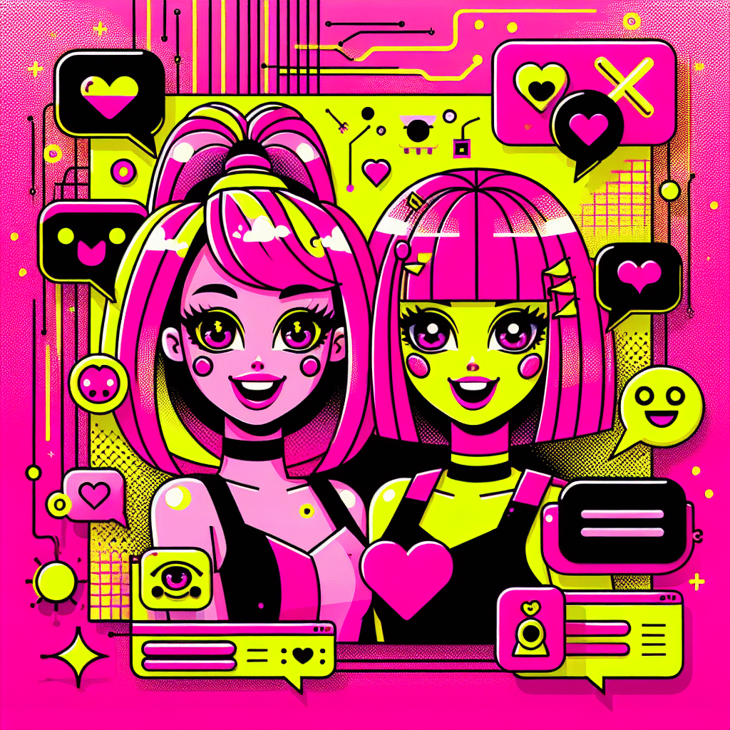 Vibrant featured image for the blog "Top AI Platforms for Virtual Girlfriends: Virtual Mate and DreamGF.ai" featuring two cartoonish female characters on a Neon Pink background, with playful hairstyles in Bright Yellow and mixed pink and black accents, smiling amidst tech-inspired elements like speech bubbles and hearts, along with bold text for the title and subtext highlighting their playful competition.